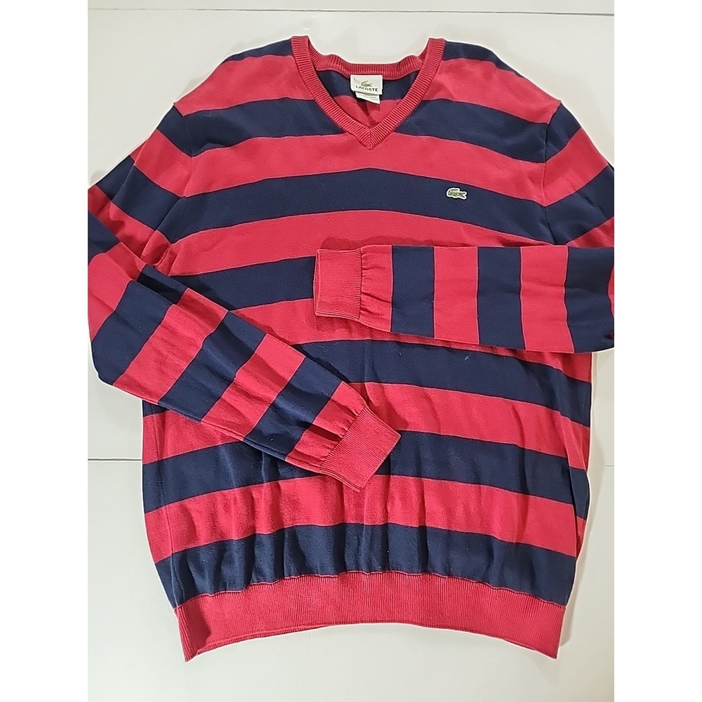Lacoste Men's V-Neck Sweater Size 6 XL Red Navy Blue Striped Cotton Pullover